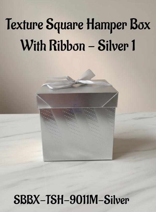 Texture Square Hamper Box With Ribbon - Silver 1 | 15 x 15 x 15 cm | 1 Piece - CAKE DECOR™