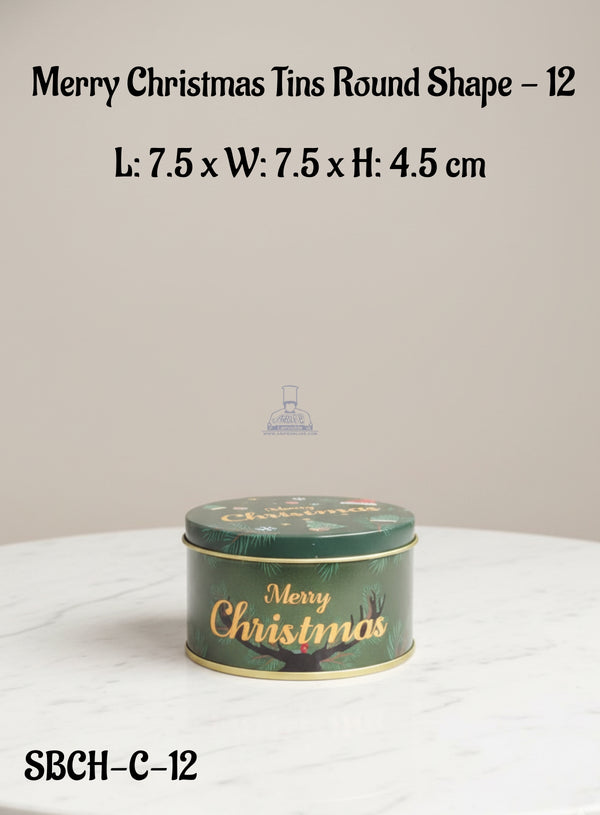 Cake Decor ™ Merry Christmas Tins Round Shape - 12 | L: 7.5 x W: 7.5 x H: 4.5 cm| Round Storage Containers Tins | 1 Pc Pack