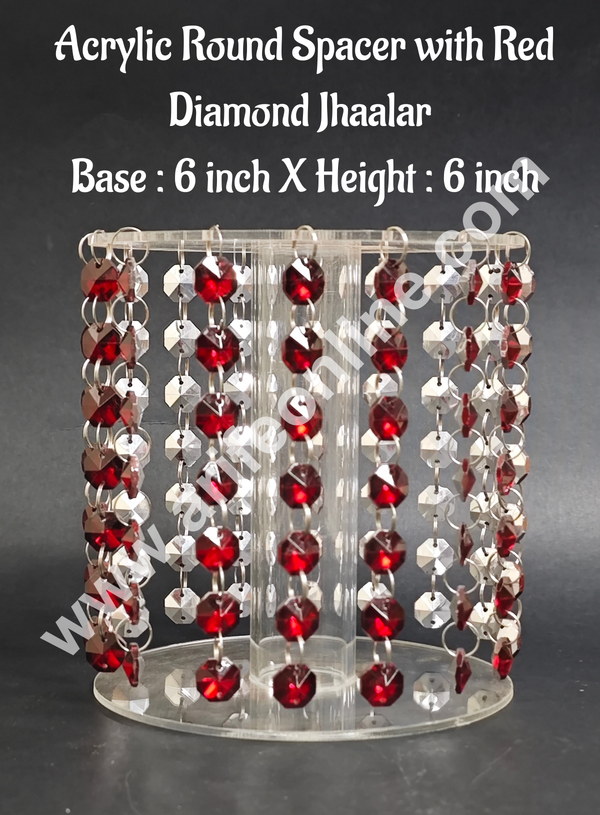 CAKE DECOR™ 6-Inch Acrylic Round Spacer with Red Diamond Jhaalar | Elegant Cake & Cupcake Decoration Stand/Spacer