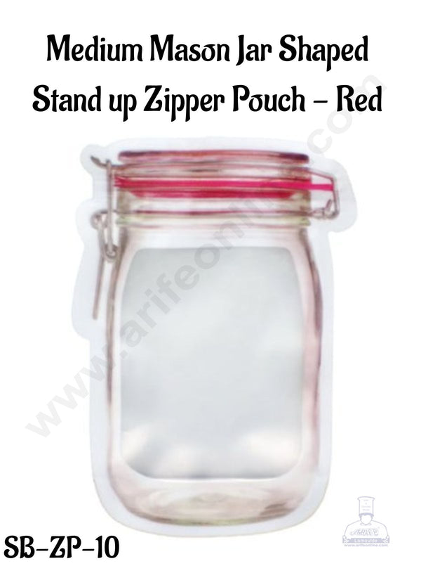 CAKE DECOR™  Medium Mason Jar Shaped  Stand up Zipper Pouch - Red  (7.5 x 4.7 Inch) (Pack of 10) (SB-ZP-10)
