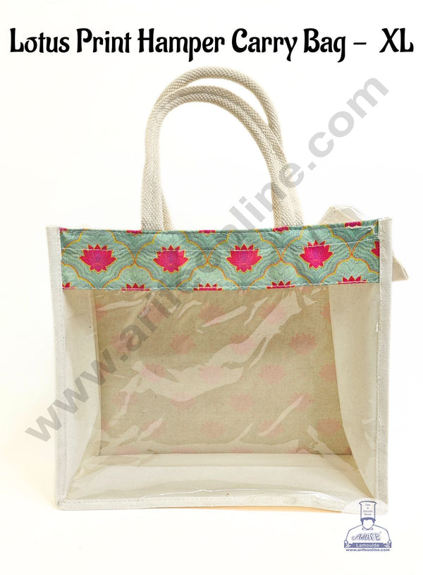 Lotus Printed With Transparent Front Jute Hamper Carry Bag - XL  - CAKE DECOR™
