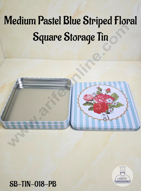 CAKE DECOR™ Medium Pastel Blue Striped Floral Square Storage Tin - Length: 18 cm x  Breadth: 18 cm x Height: 3 cm