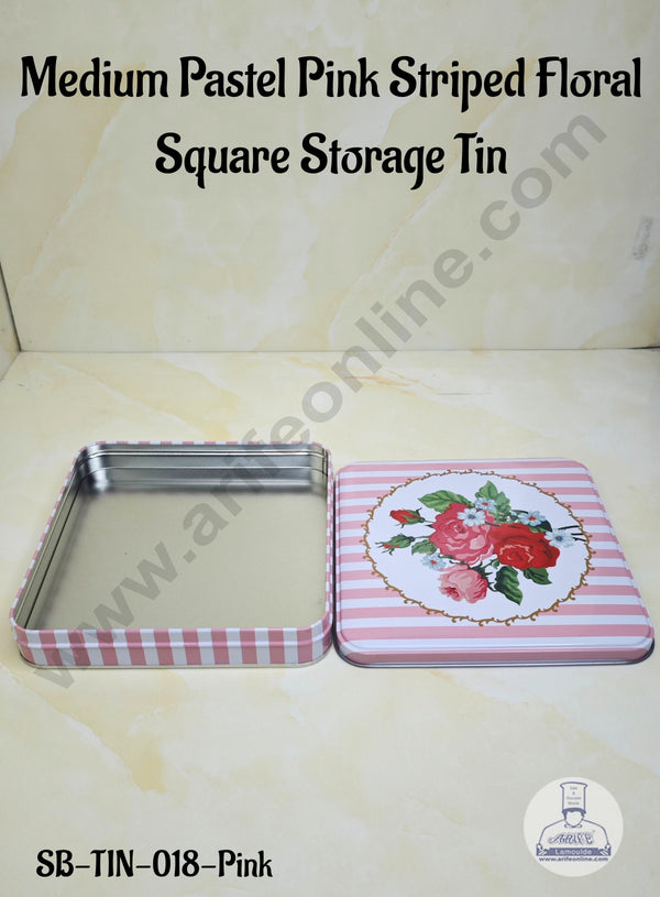 CAKE DECOR™ Medium Pastel Pink Striped Floral Square Storage Tin - Length: 18 cm x  Breadth: 18 cm x Height: 3 cm