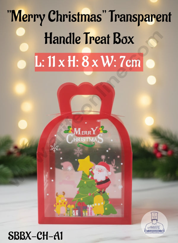 CAKE DECOR™"Merry Christmas" Transparent Handle Treat Box- L: 11 x H: 8 x W: 7cm | Gift Bag with Handle (10 Pcs Pack)