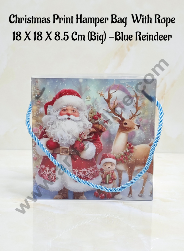 CAKE DECOR™ Christmas Print Hamper Bag With Rope 18 X 18 X 8.5 Cm (Big) - Blue Reindeer | Hamper Bag | Gift Box | Gift Bag with Handle (1 Pcs Pack)