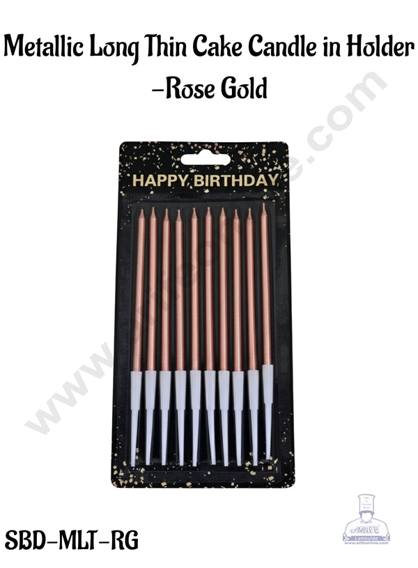 Metallic Long Thin Cake Candle in Holder for Party Decoration for Cake and Cupcake - Rose Gold- Pack of 10 Pc - CAKE DECOR™