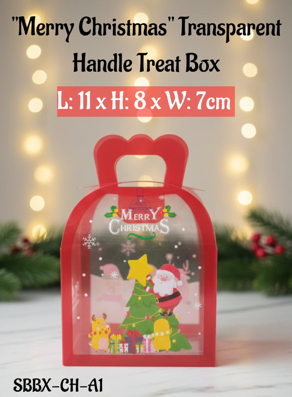 CAKE DECOR™"Merry Christmas" Transparent Handle Treat Box- L: 11 x H: 8 x W: 7cm | Gift Bag with Handle (1 Pcs Pack)
