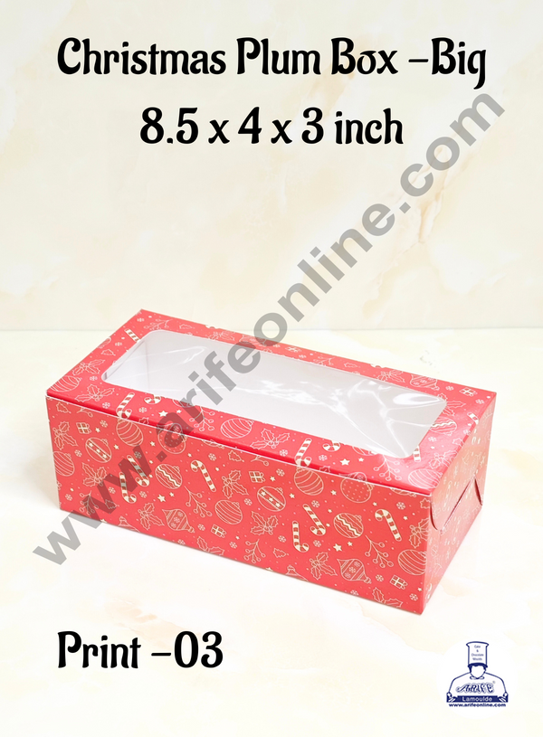 CAKE DECOR™ Red Christmas Theme Plum Cake Box Clear Window, Plum Carriers- Big (10 Pcs Pack)