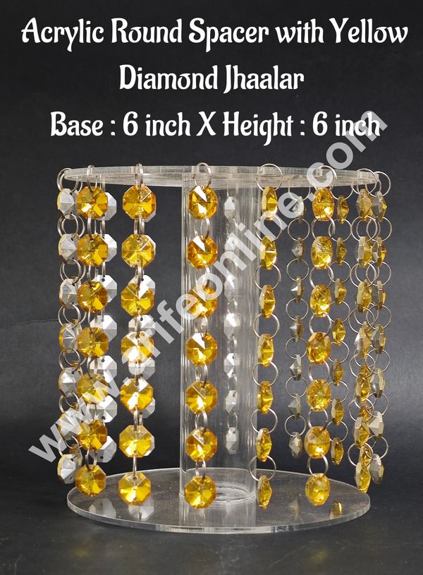 CAKE DECOR™ 6-Inch Acrylic Round Spacer with Yellow Diamond Jhaalar | Elegant Cake & Cupcake Decoration Stand/Spacer