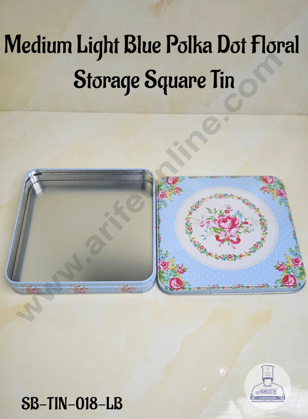 CAKE DECOR™ Medium Light Blue Polka Dot Floral  Storage Square Tin - SB-TIN-018-LB
