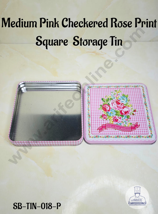 CAKE DECOR™ Medium Pink Checkered Rose Print Square  Storage Tin - SB-TIN-018-P