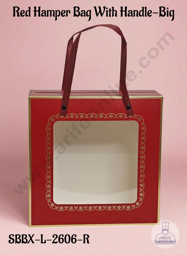 Large Red Hamper Bag with Handle & Window – Hamper Box | 10 X 10 X 4 | 1 pc pack - CAKE DECOR™