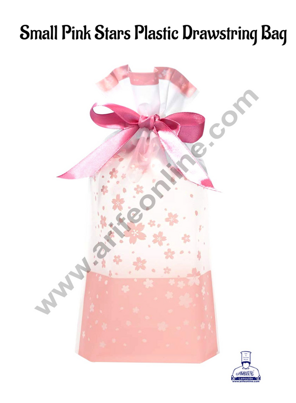 Cake Decor ™ Small Pink Stars Plastic Drawstring Bag Treat With Ribbon (10 pc)