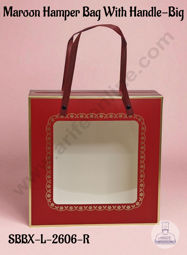Large Maroon Hamper Bag with Handle & Window – Hamper Box | 10 X 10 X 4 | 1 pc pack - CAKE DECOR™