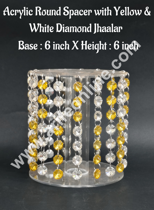 CAKE DECOR™ 6-Inch Acrylic Round Spacer with Yellow & White Diamond Jhaalar | Elegant Cake & Cupcake Decoration Stand/Spacer