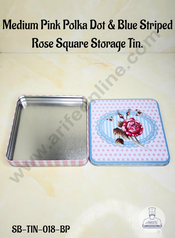 CAKE DECOR™ Medium Pink Polka Dot & Blue Striped Rose Square Storage Tin - Length: 18 cm x  Breadth: 18 cm x Height: 3 cm