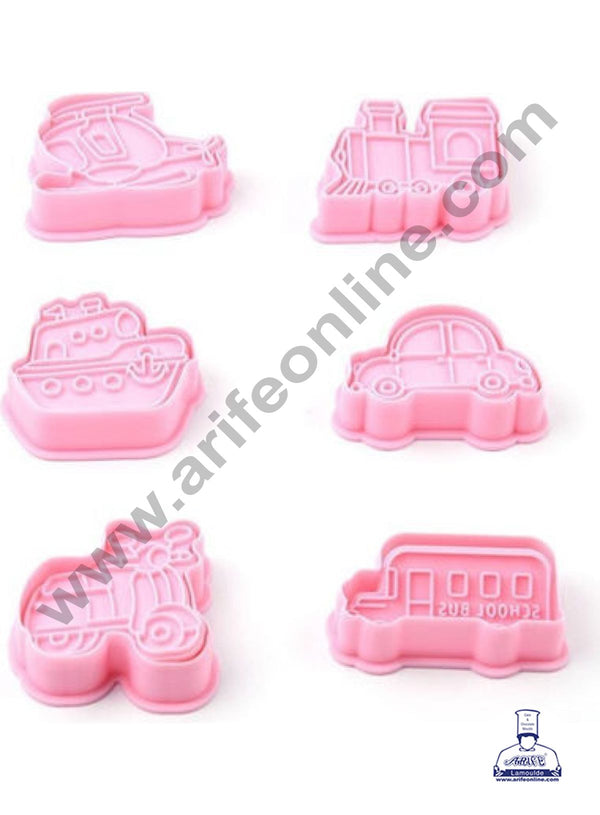 CAKE DECOR™ 6 Pcs Transport Vehicles Shape Plastic Biscuit Cutter 3D Cookie Cutter