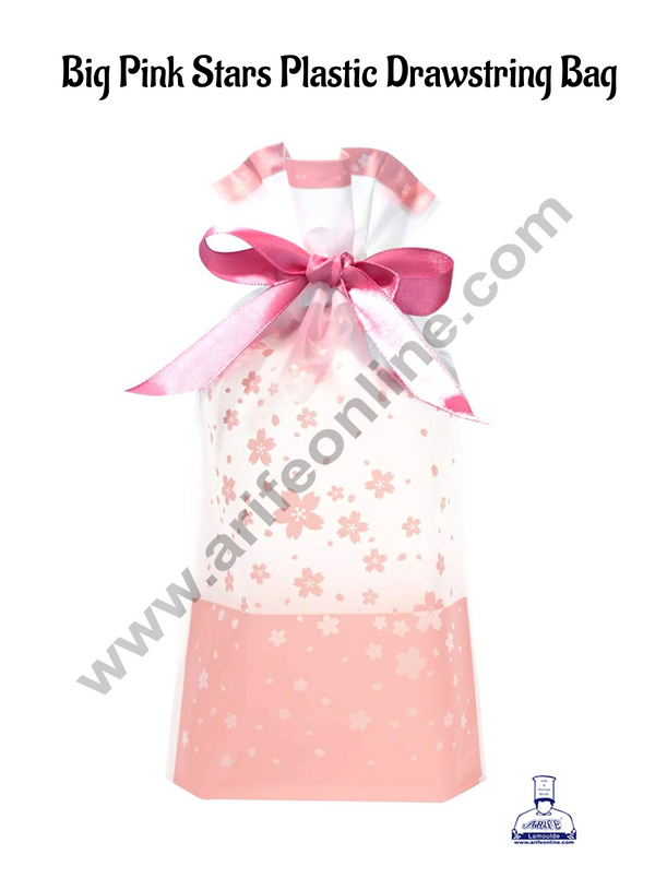 Cake Decor ™ Big Pink Stars Plastic Drawstring Bag Treat With Ribbon (10 pc)