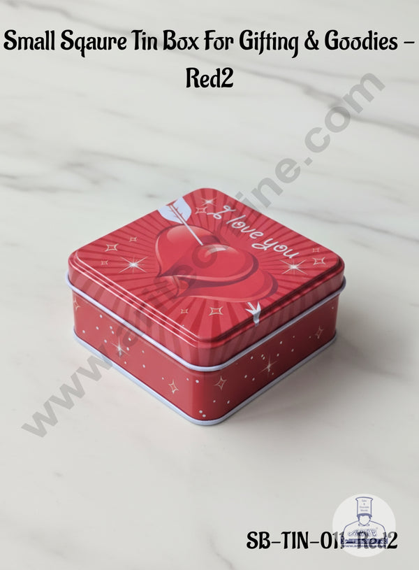 CAKE DECOR™ Small Square Tin Box For Gifting & Goodies - Red2| Gift Box | Chocolate Box | Jewellery Box |Diameter : 8.7 x Height: 4 cm