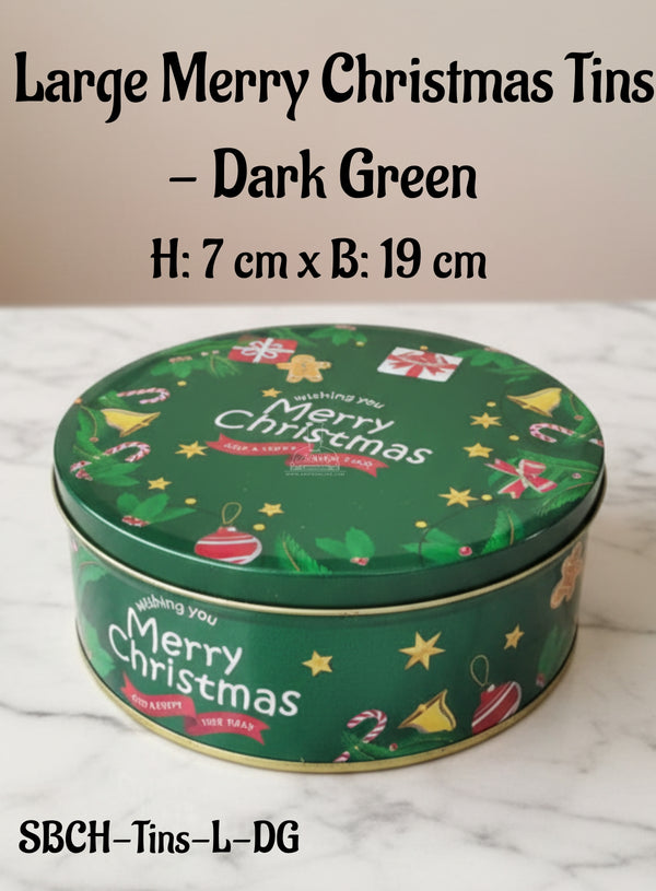 Cake Decor ™ Large Merry Christmas Tins - Dark Green | Round Storage Containers Tins | 1 Pc Pack