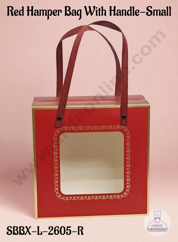 Small Red Hamper Bag with Handle & Window – Hamper Box | 8 X 8 X 4 | 1 pc pack - CAKE DECOR™