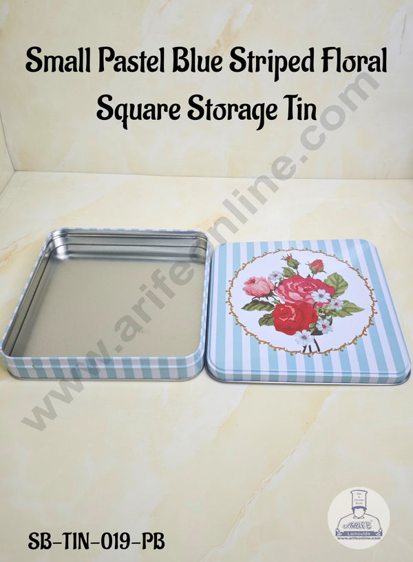CAKE DECOR™ Small Pastel Blue Striped Floral Square Storage Tin -  Length: 16.5 cm x Breadth: 16.5 cm x Height: 2.5 cm