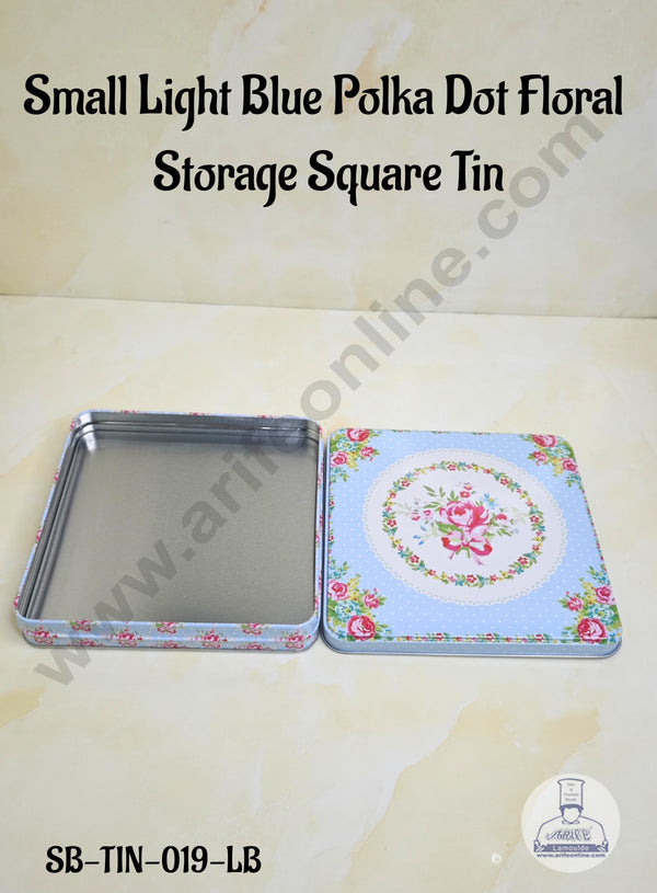 CAKE DECOR™ Small Light Blue Polka Dot Floral  Storage Square Tin - SB-TIN-019-LB