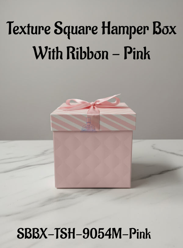 Texture Square Hamper Box With Ribbon - Pink | 15 x 15 x 15 cm | 1 Piece - CAKE DECOR™