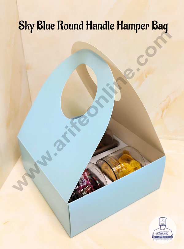 CAKE DECOR™  Round Handle Hamper Box With Cavity (Sky Blue)  | Gift Box | Gift Bag With Handle (1 Pc Pack)