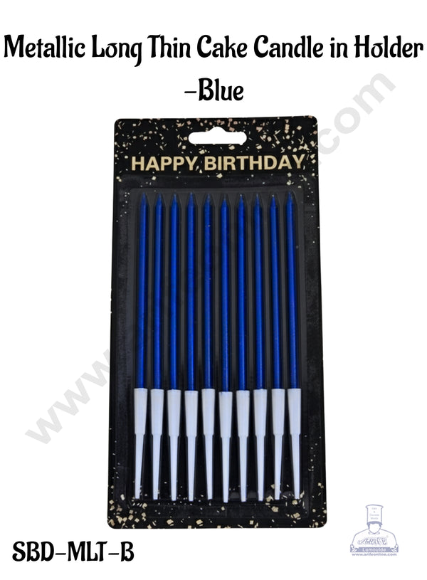 Metallic Long Thin Cake Candle in Holder for Party Decoration for Cake and Cupcake - Blue - Pack of 10 Pc - CAKE DECOR™