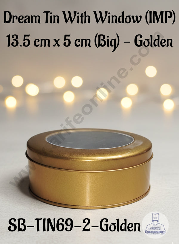 CAKE DECOR™ Dream Tin with Window (IMP) | Dream Cake Tin | Torte cake | Cookie |Golden|13.5 cm x 5 cm|Big