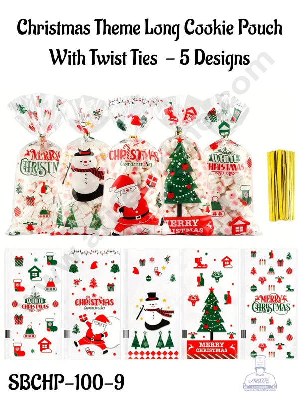 CAKE DECOR™ Christmas Theme Long Cookie Pouch With Twist Ties  - 5 Designs (SBCHP-100-9) - Assorted 50 Pieces Pack