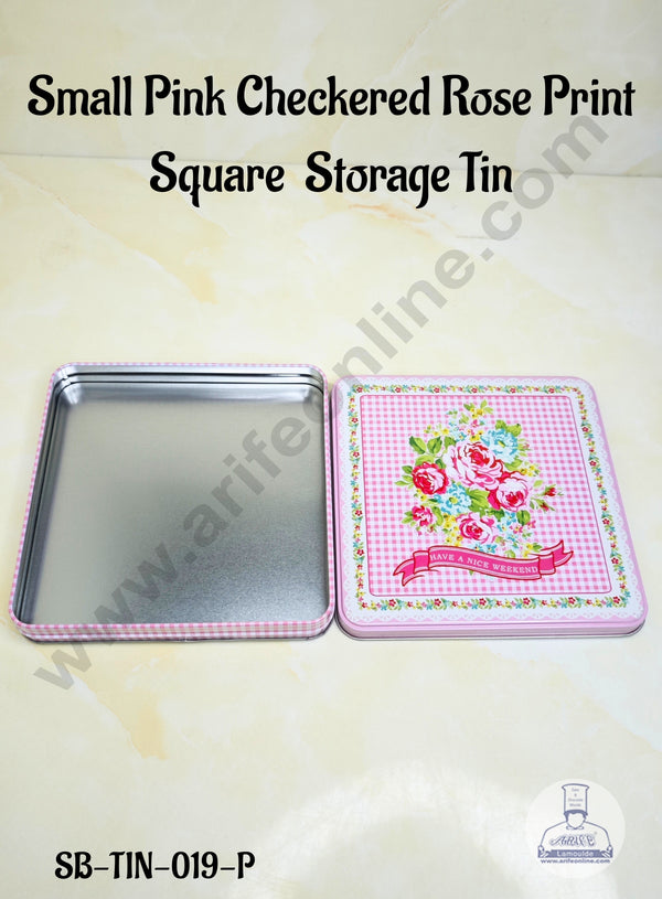 CAKE DECOR™ Small Pink Checkered Rose Print Square  Storage Tin - SB-TIN-019-P