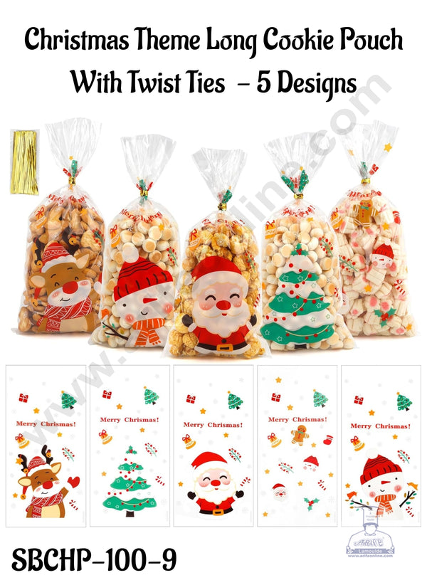 CAKE DECOR™ Christmas Theme Long Cookie Pouch With Twist Ties  - 5 Designs (SBCHP-100-9) - Assorted 50 Pieces Pack