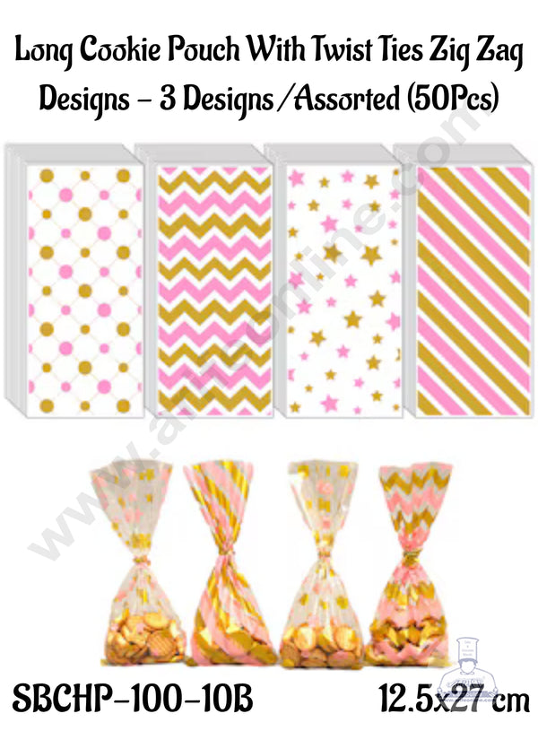 CAKE DECOR™ Long Cookie Pouch With Twist Ties Zig Zag Designs - 3 Designs /Assorted (50Pcs) (SBCHP-100-10B)