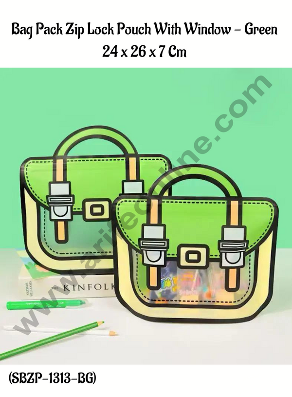 CAKE DECOR™ Bag Pack Zip Lock Pouch With Window - Green color (24 x 26 x 7 Cm) - 1 Piece