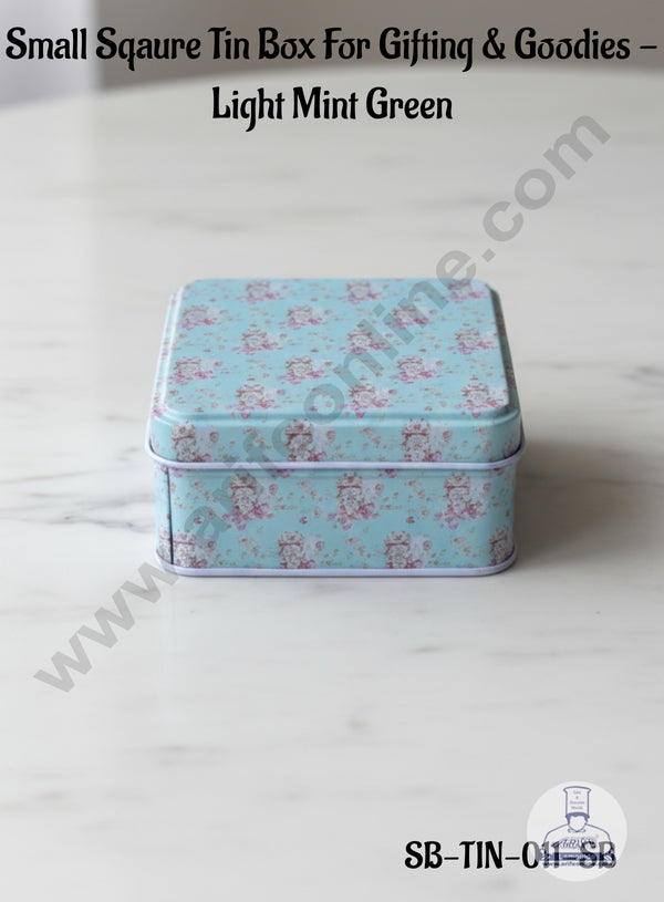 CAKE DECOR™ Small Square Tin Box For Gifting & Goodies -Sky Blue| Gift Box | Chocolate Box | Jewellery Box |Diameter: 8.7 x Height: 4 cm|