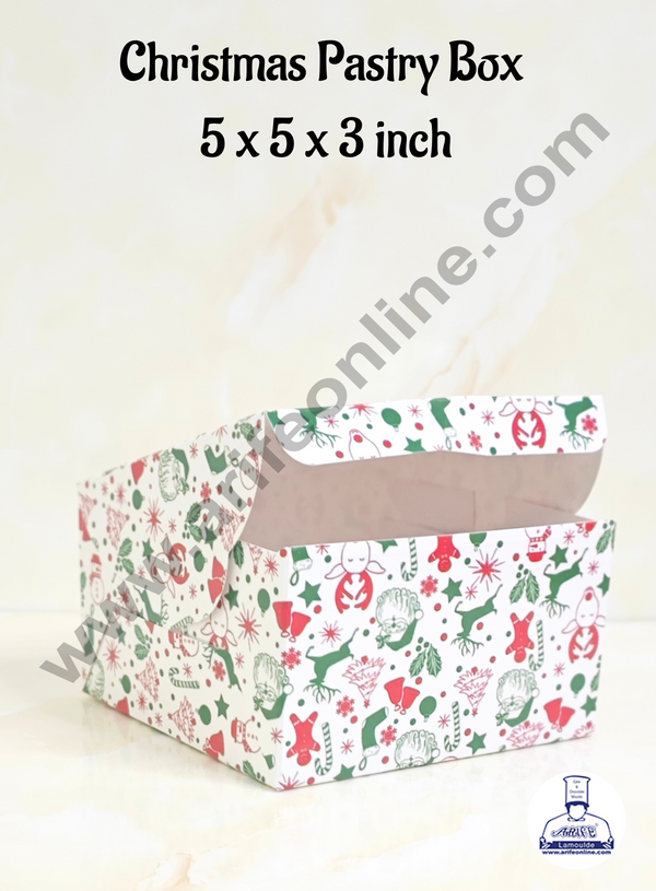 CAKE DECOR™ White Christmas Design Pastry Box - 5x5x3( Pack of 10 Pcs )