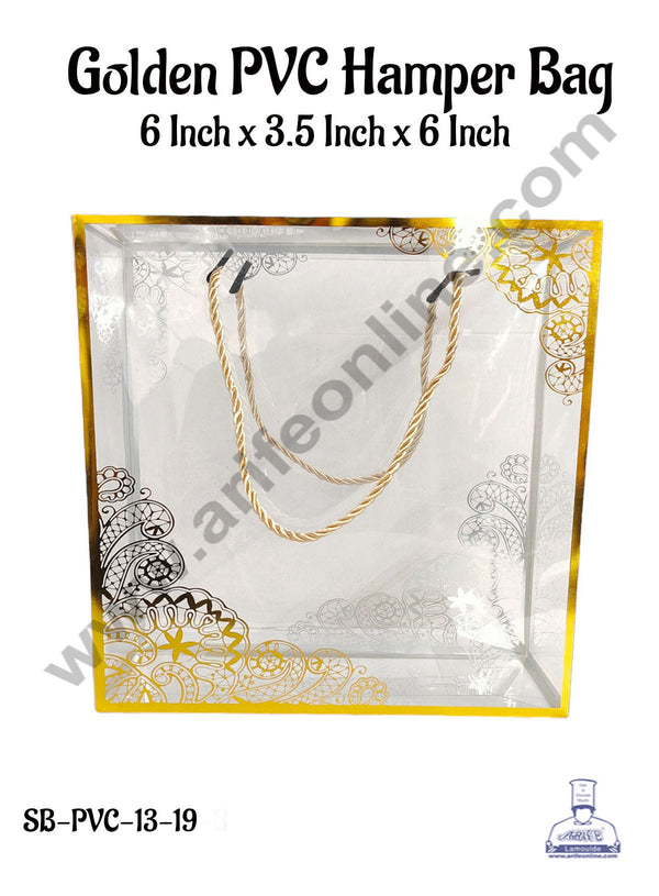 CAKE DECOR™ Golden Pattern PVC Hamper Bag - 6 X 3.5 X 6 Inch | Gift Box | Gift Bag with Handle (5 Pcs Pack)