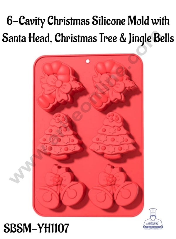 CAKE DECOR™ 6-Cavity Christmas Silicone Mold with Santa Head, Christmas Tree & Jingle Bells - SBSM-YH1107