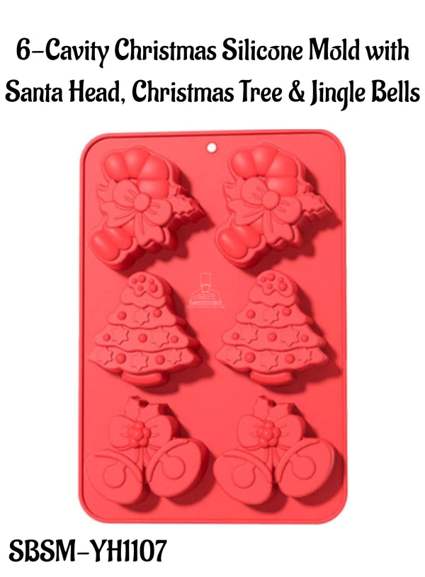 CAKE DECOR™ 6-Cavity Christmas Silicone Mold with Santa Head, Christmas Tree & Jingle Bells - SBSM-YH1107