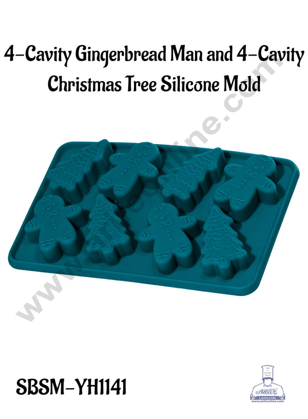 CAKE DECOR™ 4-Cavity Gingerbread Man and 4-Cavity Christmas Tree Silicone Mold - SBSM-YH1141