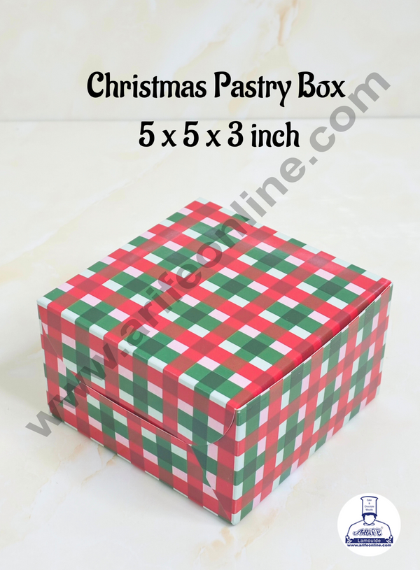 CAKE DECOR™ Red & Green Checks Christmas Design Pastry Box - 5x5x3( Pack of 10 Pcs )