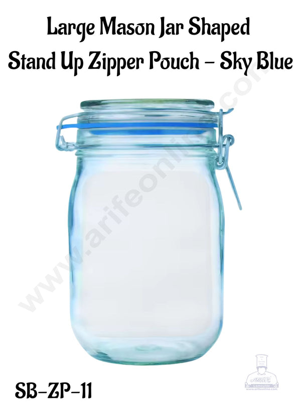 CAKE DECOR™  Large Mason Jar Shaped  Stand Up Zipper Pouch - Sky Blue  (9.8x 6.7 Inch) (Pack of 10) (SB-ZP-11)