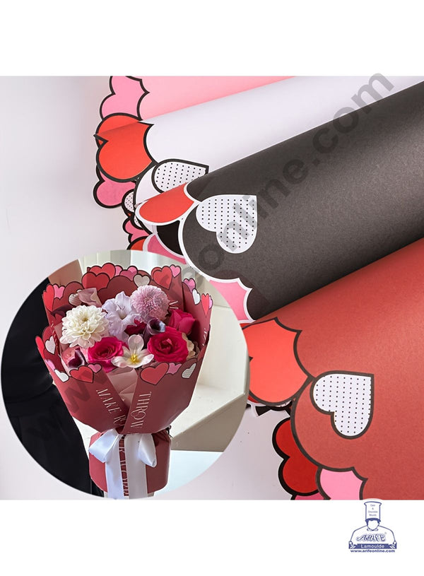 Happy Heart Border Paper Korean Sheet for Flower Bouquet | Premium Flower Wrapping Paper (Red) - CAKE DECOR™