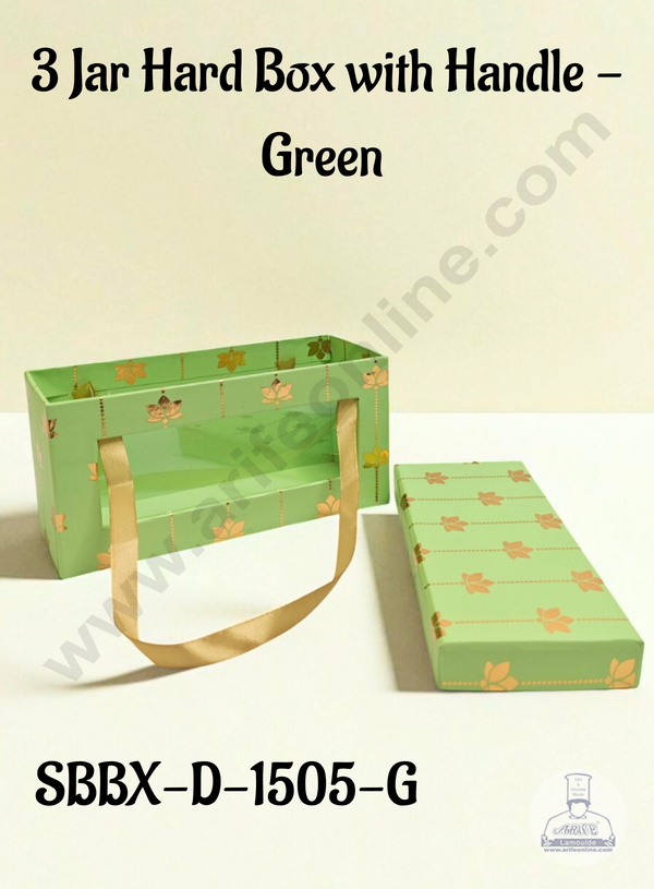 Premium 3 Jar Gift Box with Handle – Green | Decorative Hard Box for Gifting & Storage (20 X 8 X 10 cm) - CAKE DECOR™