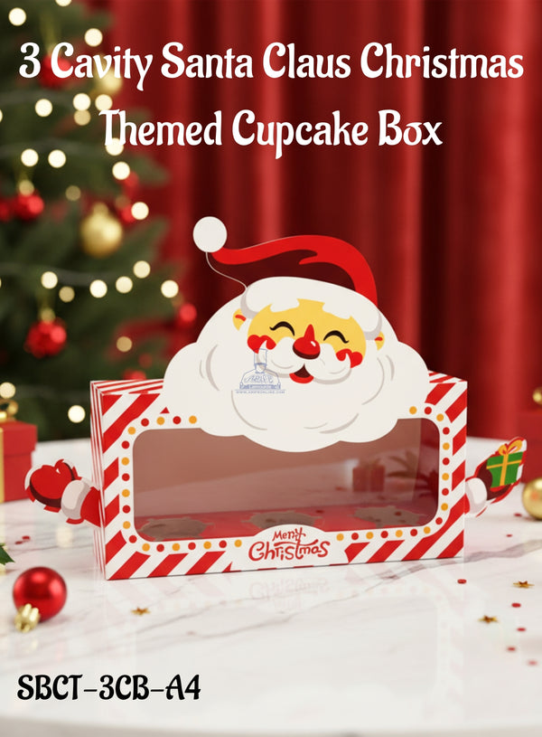CAKE DECOR™ 3 Cavity Santa Claus Christmas Themed Cupcake Box with Clear Window and Handle - 1 Piece Pack