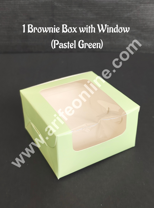 CAKE DECOR™ 1 Cavity Brownie Boxes with Clear Window Pastel Green color  | Brownie Carriers - 10 Pcs Pack