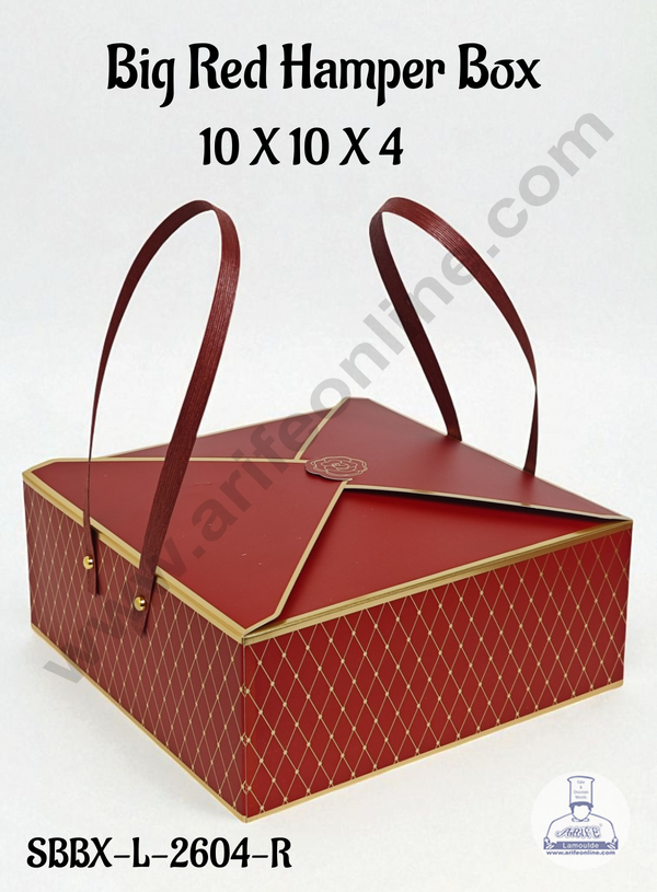 Big Red Luxury Hamper Box with Handles | 10x10x4 Premium Gifting Box | Decorative Packaging Box | 1 Pc Pack - CAKE DECOR™