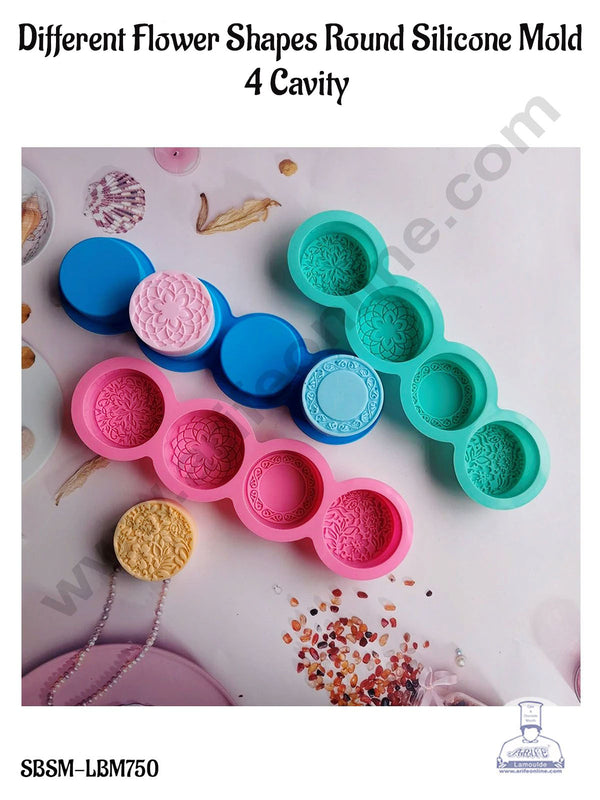 CAKE DECOR™ 4 Cavity Different Flower Shapes Round Silicone Mold | Soap Mold.